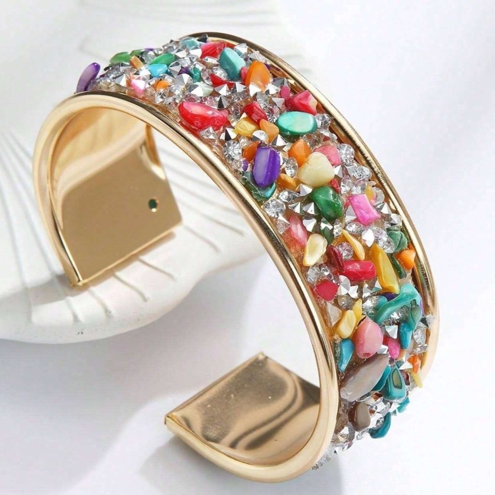 Colorful Gemstone Gold Cuff Bangle - Picture 4 of 5
